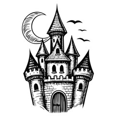 Obraz premium Castle with crescent moon above in hand-drawn engraving, showing detailed architecture and silhouettes of birds. Castle highlights the intricate details.