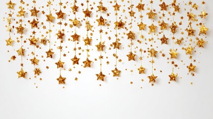 Gold star decorations hanging from ceiling against dark background, perfect for festive or celebratory themes.