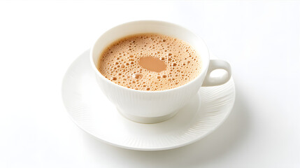 Hot Hokkaido Milk Tea Served in Elegant White Cup on Simple Saucer with Creamy Foam on Surface