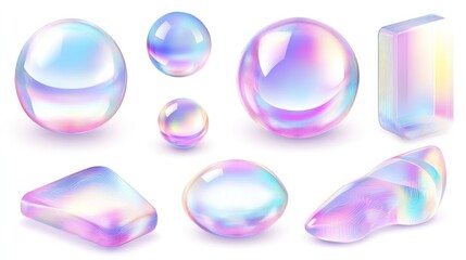 Obraz premium Iridescent spheres, bubbles, and geometric shapes.