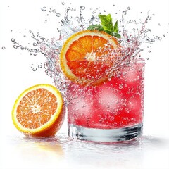 A vibrant orange slice dramatically falls into a refreshing Negroni cocktail creating a spectacular splash of water and ice against a bright white background.