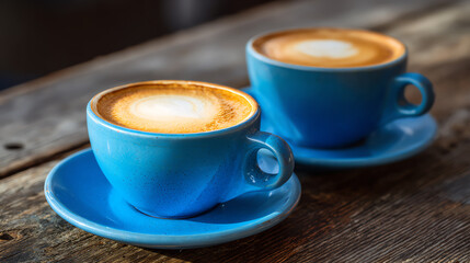 Two steaming cups of coffee in vibrant blue mugs, placed on a rustic wooden table, inviting warmth and comfort.