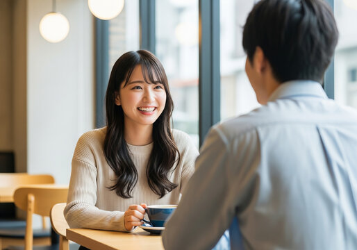 カフェでのデートの穏やかな時間、笑顔で語り合うアイボリーニットの清楚なロングヘア女性