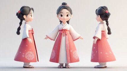 3D render of a cute cartoon girl in traditional Korean Hanbok dress, shown from three angles.