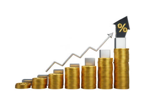 Stacks of gold coins show a financial growth trend with an upward arrow isolated on transparent background