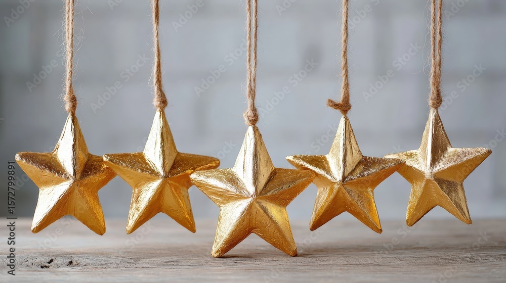 Poster three gold star ornaments hanging on strings above a rustic wooden table in soft daylight.