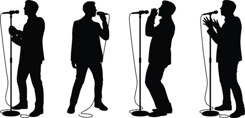 Four male singers in silhouette performing with microphones on stage