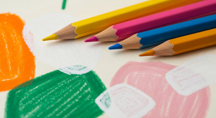 Close-up of colored pencils on a pastel drawing, showcasing vibrant hues and textured strokes, representing creativity, artistry, and childhood innocence