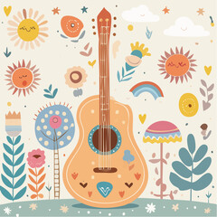 Vector illustration of hippie acoustic guitar with cute patches. Hand drawn festival music instrument in 60s and 70s style. Boho lifestyle element. Vintage groovy ...