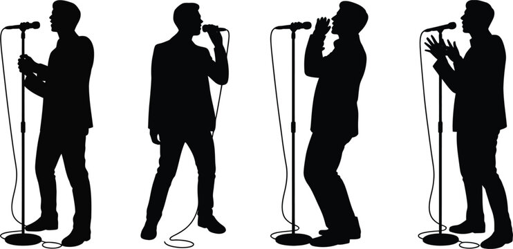 Four male singers in silhouette performing with microphones on stage