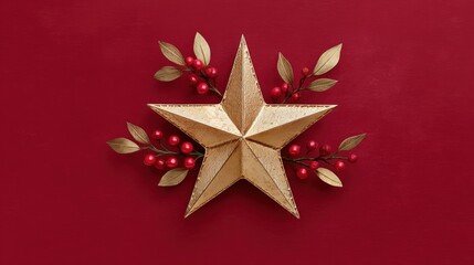 Shiny gold star ornament with red berries on vibrant red background, festive holiday decoration.
