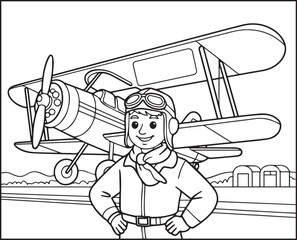 Pilot boy in front of airplane in airport background black line art vector illustration simple and easy coloring page for kids