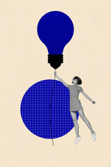 Banner pop image sketch vertical collage of happy businessman businesswoman stand light bulb idea...