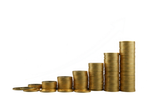 Stacks of gold coins arranged in ascending order, symbolizing financial growth and investment success isolated on transparent background