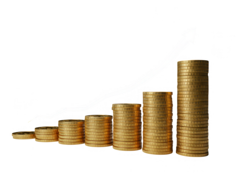 Stacks of gold coins arranged in ascending order, symbolizing financial growth and investment success isolated on transparent background