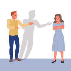 Fototapeta premium Serious talk in couple, dialog between man and woman, love conflict of partners. Husband speaking to wife pointing with hand, sad unhappy woman standing with arms crossed cartoon vector illustration
