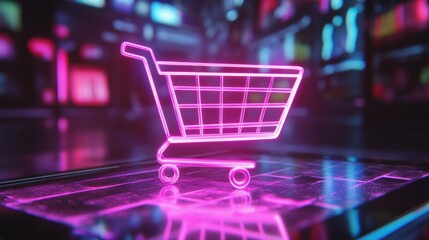 Neon pink shopping cart icon on digital surface.