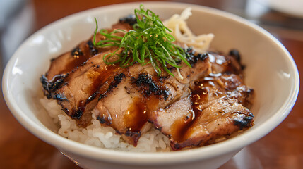Fototapeta premium Grilled Pork Bowl with Rice and Toppings from Obihiro, Delicious Japanese Cuisine Presentation