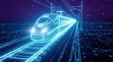 Futuristic blue wireframe high speed train on digital tracks with network connections