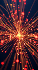 Abstract image of orange lines converging at a bright center with red glowing dots, symbolizing energy, connection, or innovation
