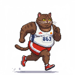 Pixel Art Fat Cat Athlete Sprinting: High-Detail 8K Image Isolated on White. 