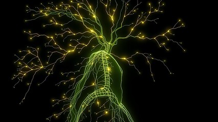 A glowing neural network branching into a human silhouette, connecting unexpectedly to other body systems.