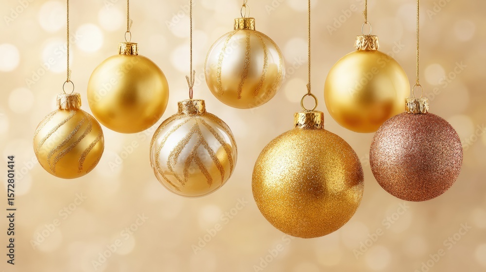 Poster close-up of colorful christmas ornaments hanging on strings with festive lights and blurred backgrou