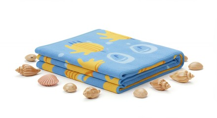 Blue towels with fish design and seashells