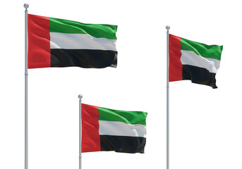 Three united arab emirates flags waving against a clear white sky, representing national pride isolated on transparent background