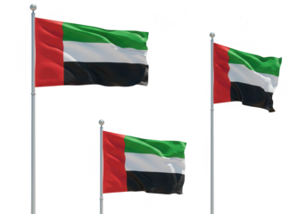 Three united arab emirates flags waving against a clear white sky, representing national pride isolated on transparent background