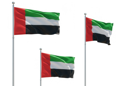 Three united arab emirates flags waving against a clear white sky, representing national pride isolated on transparent background