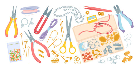 Handmade jewelry, accessory making kit set. Creative jewellery makers diy tools, thread and beads, gold and silver metal clasps, crimps for boho earrings and necklaces cartoon vector illustration