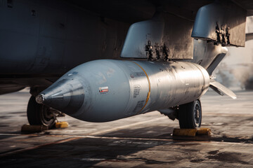 A large grey bomb sits on the ground next to a jet