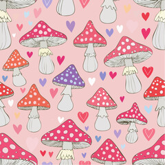 Seamless vector pattern with hand drawn mushrooms with hearts. Abstract amanita in line art style on pink background. Psychedelic groovy texture