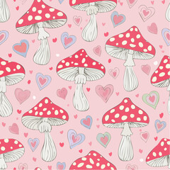 Seamless vector pattern with hand drawn mushrooms with hearts. Abstract amanita in line art style on pink background. Psychedelic groovy texture