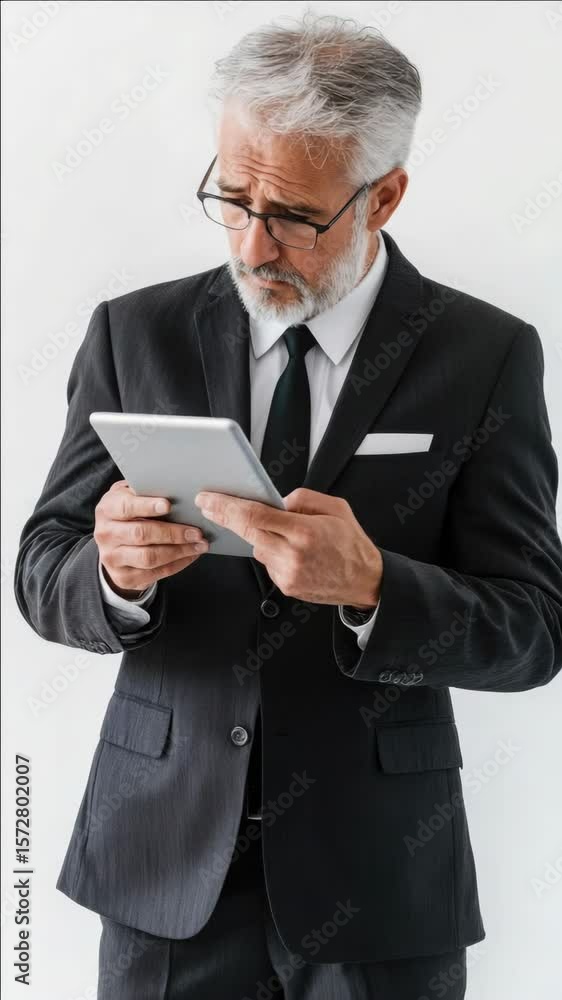 Aufkleber man in business attire looking at tablet screen, possibly analyzing data or working on a project.
