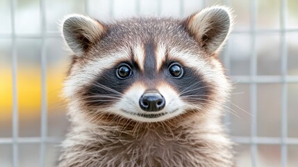 An adorable close-up portrait showcases a cute and funny raccoon, its expressive eyes and charming face captivating the viewer against a blurred background of a wire mesh
