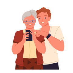 Help from young man to elderly woman to use mobile phone. Grandma with glasses holding smartphone in hand with smile, cute son or grandson pointing at screen to teach cartoon vector illustration