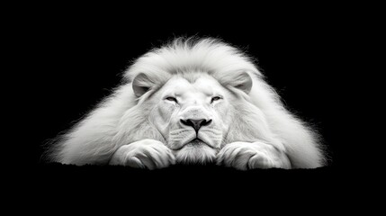 Fototapeta premium Majestic white lion resting, paws forward, black background.