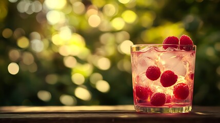 A cold raspberry lemonade, with fresh raspberries and ice, with a summer garden backdrop and empty space for text