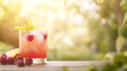 A cold raspberry lemonade, with fresh raspberries and ice, with a summer garden backdrop and empty space for text