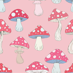 Seamless vector pattern with hand drawn mushrooms with hearts. Abstract amanita in line art style on pink background. Psychedelic groovy texture
