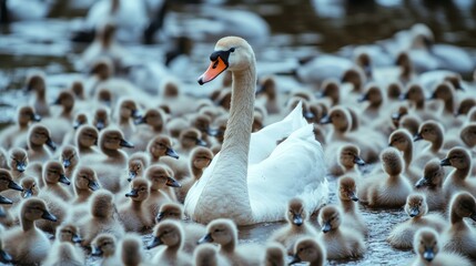 Obraz premium Adult swan surrounded by many fluffy grey cygnets in a pond.