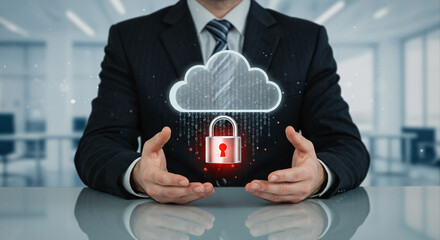 Cloud Data Security and Protection Concept – Businessman Holding Digital Lock Under Cloud Storage Icon in Modern Office