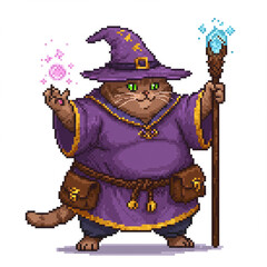 Pixel Art Fat Cat Wizard Casting a Spell on White Background, High Detail 8k. 