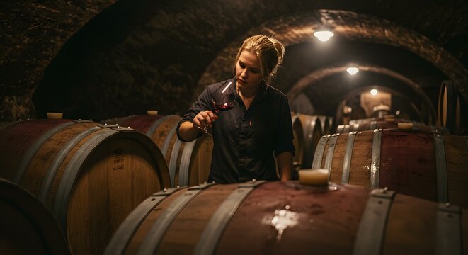 Woman Sommelier Tasting Red Wine in Vineyard Cellar - Powered by Adobe
