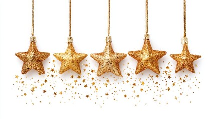 Gold star ornaments hanging from gold strings against a clean white background, ideal for festive designs.