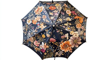 Elegant floral umbrella, navy background, detailed botanical print, closed.