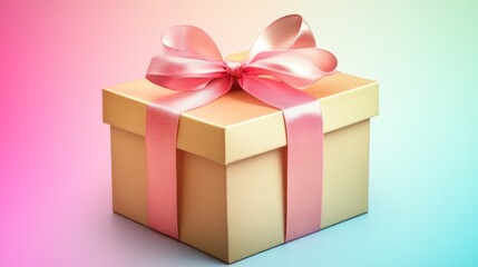 Obraz premium Gold gift box with pink ribbon bow on pastel background.