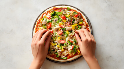 First-person view of hands placing toppings on a homemade pizza, colorful ingredients visible, isolated on white background,